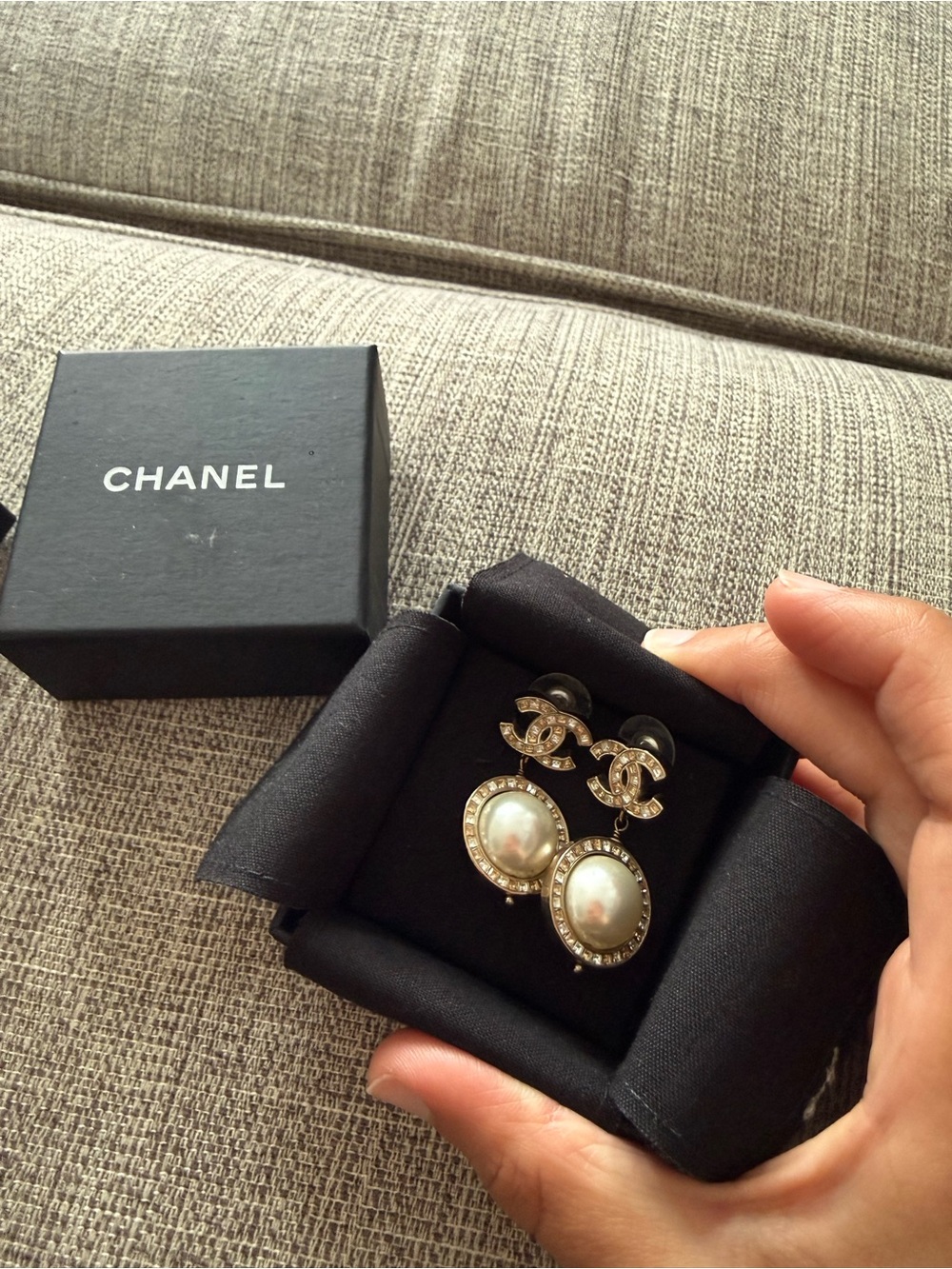 CHANEL Gold-Tone Pearl Drop Earrings with Crystal CC Logos